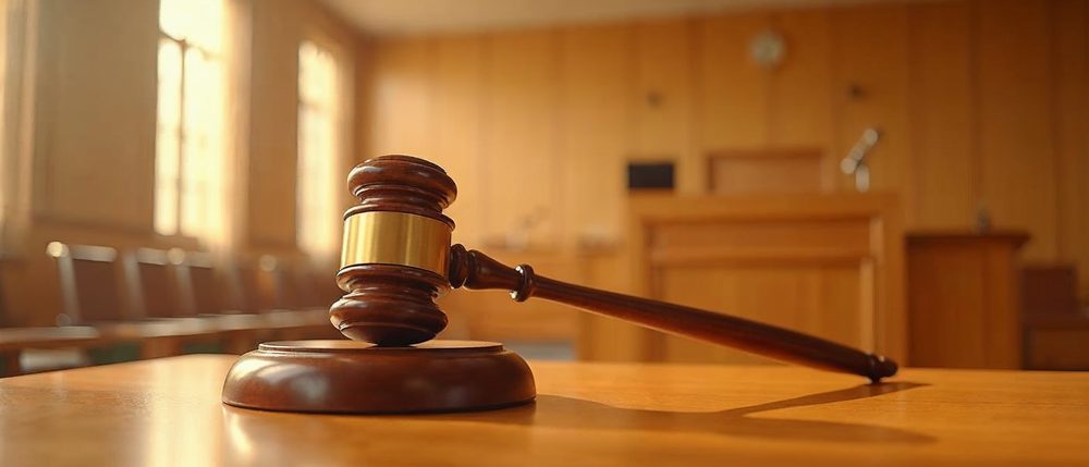 A polished wooden judge's gavel rests on its sound block on a shiny table in a warm sunlit courtroom with a plain wooden podium and paneled wall behind it.
