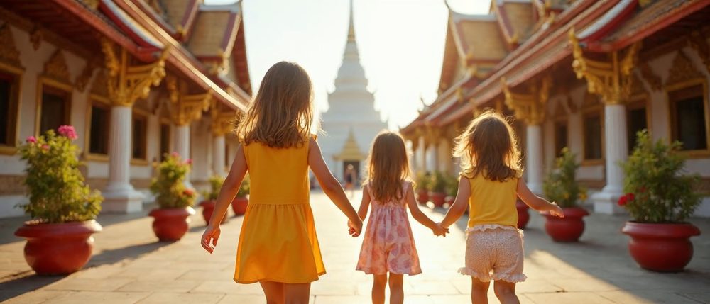 Three children in yellow and pink summer clothes hold hands and walk away across a sunny Thai temple courtyard toward a white pagoda, past red flower pots and ornate roofs.