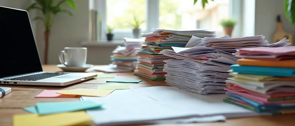 A cluttered wooden office desk with tall leaning stacks of papers, colorful folders and sticky notes beside an open laptop and a white coffee cup in bright window light.