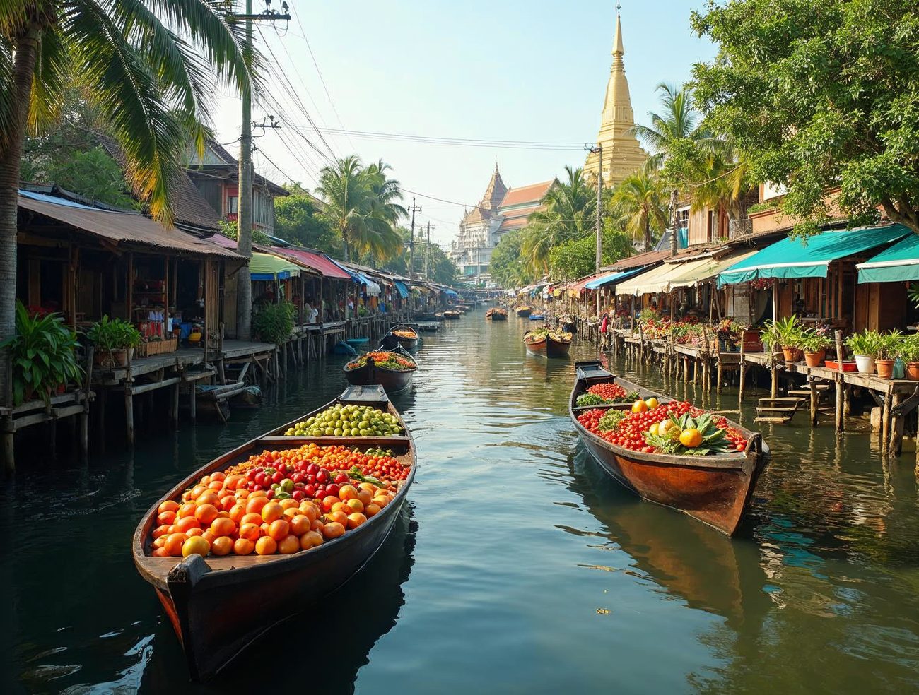 Wooden boats piled with oranges, tomatoes and tropical fruit float along a Bangkok canal lined with stilt houses, awnings, palm trees and a golden temple spire in the distance.