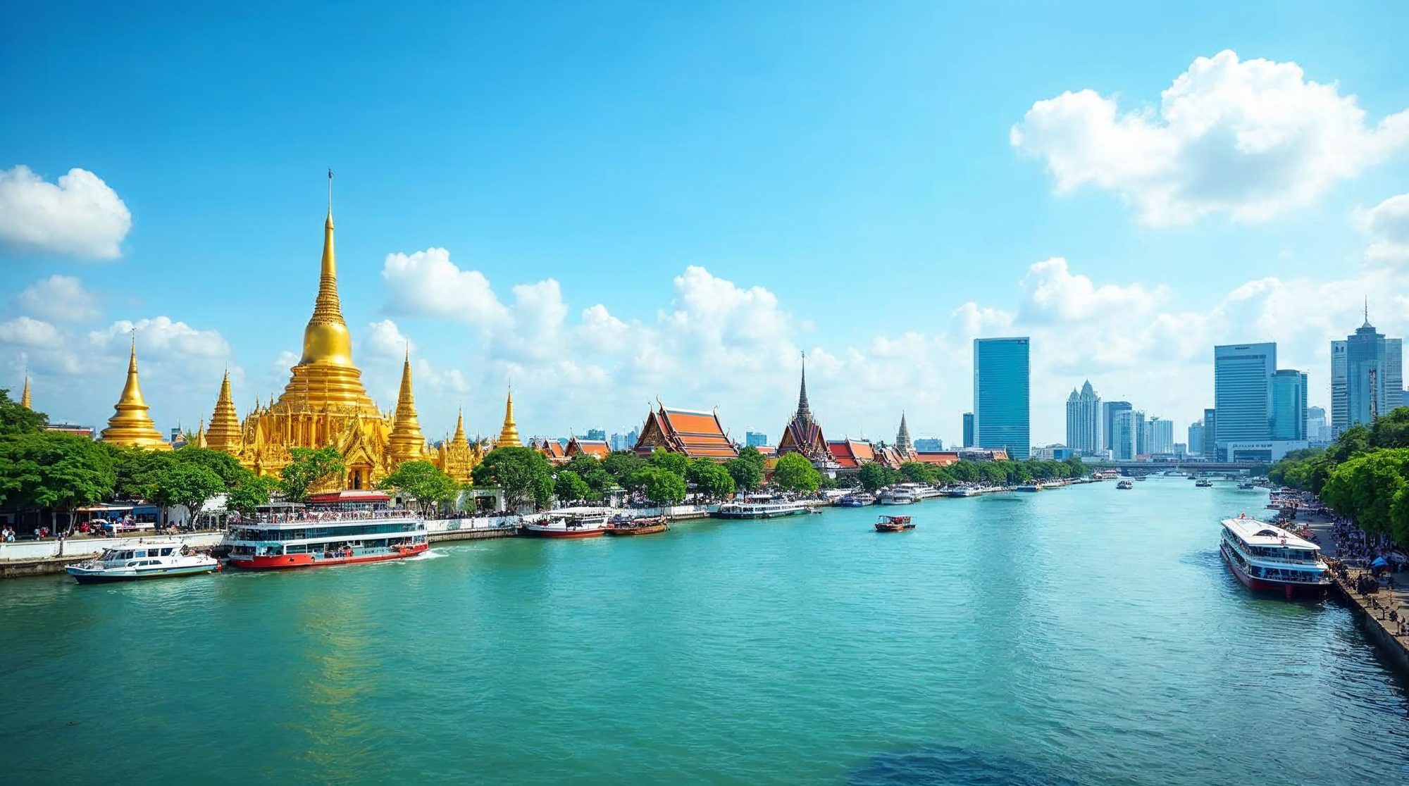 A bright view of the Chao Phraya River in Bangkok with golden temple spires, red-roofed halls, ferries and long boats along the bank, and glass towers under a blue sky.