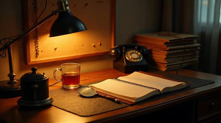 A warm lamp-lit investigator's desk with an open notebook, a magnifying glass, a cup of tea, an old rotary telephone and a stack of tied case files beside a corkboard.
