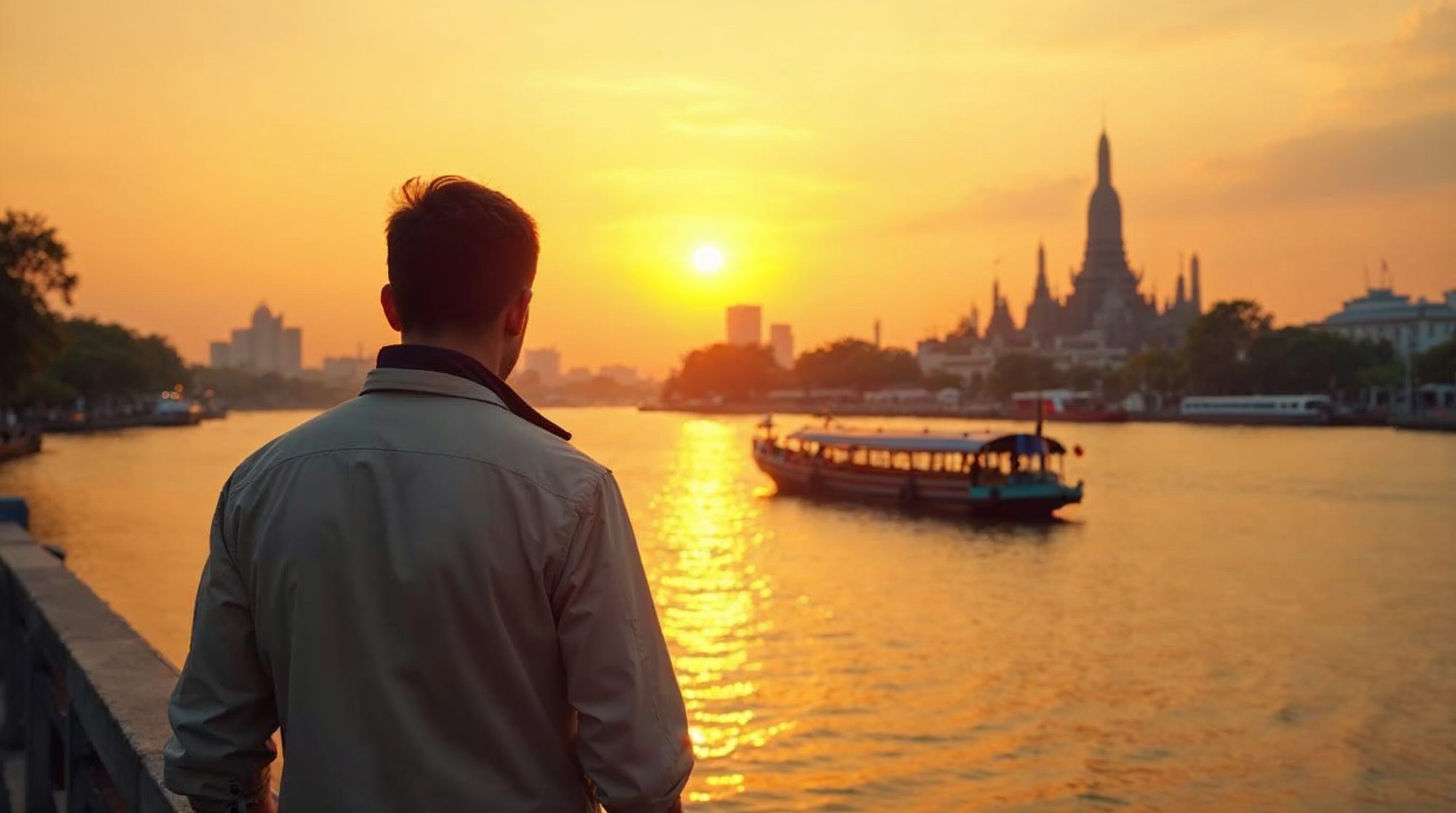 An investigator in a light jacket, seen from behind, stands at a riverside railing at golden hour, watching a passenger boat on the Chao Phraya River and a temple spire.