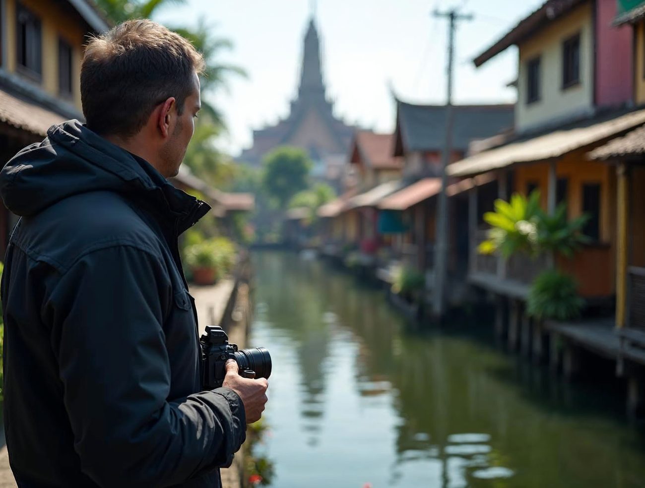 A private investigator in a dark jacket holds a camera and watches a quiet Bangkok canal lined with colorful wooden houses, tropical plants and a temple roof in the distance.