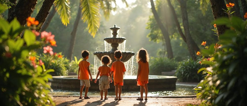 Four children in orange clothes, seen from behind, stand near a stone tiered fountain in a leafy tropical park with tall palms, flowers and soft golden sunlight.