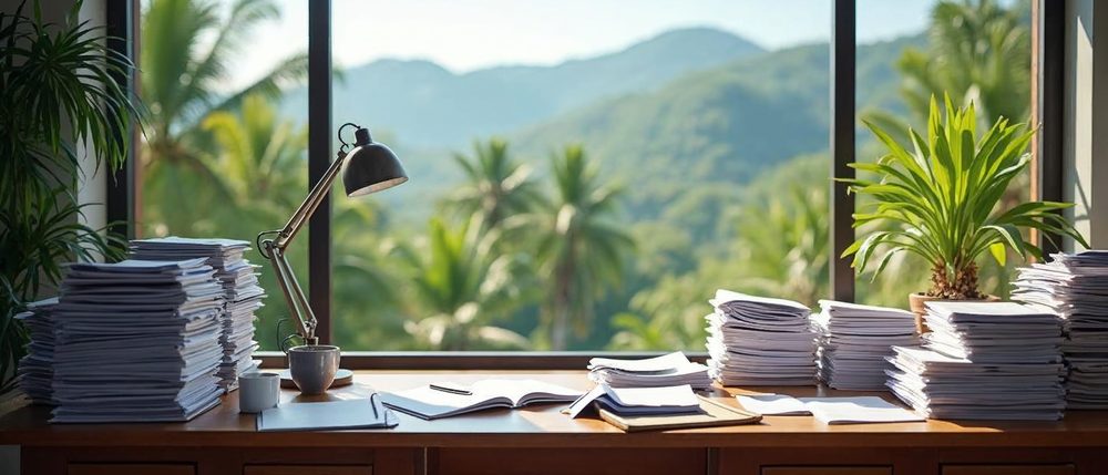 A cluttered wooden office desk holds tall stacks of papers, open notebooks, a desk lamp and mugs, beside a large window onto palm trees and green hills.
