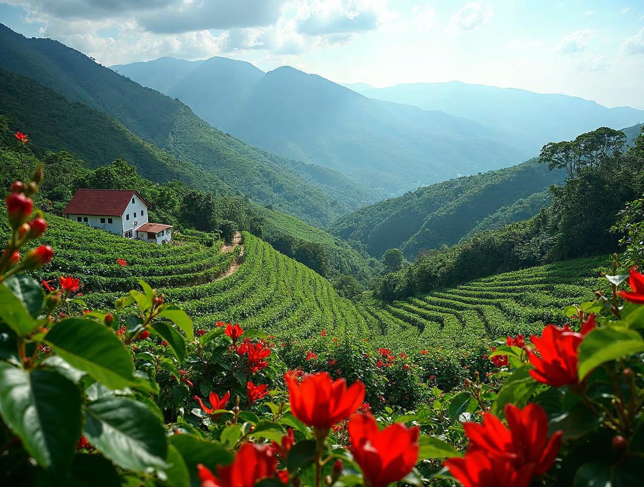 Terraced rows of green coffee plants climb a hillside beside a small white farmhouse with a red roof, with red tropical flowers in front and misty mountains behind.
