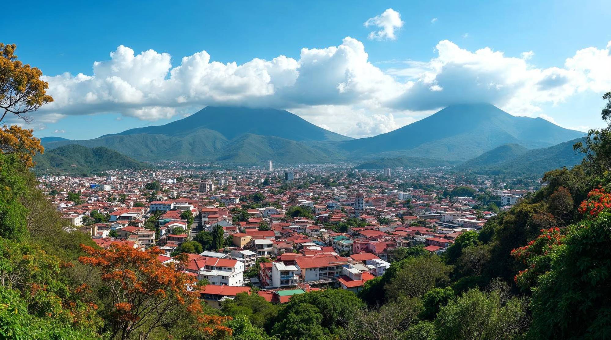 A sunny view over San Jose and the Central Valley, with red rooftops among green trees, orange flowers, layered mountains and a volcano under a blue sky.