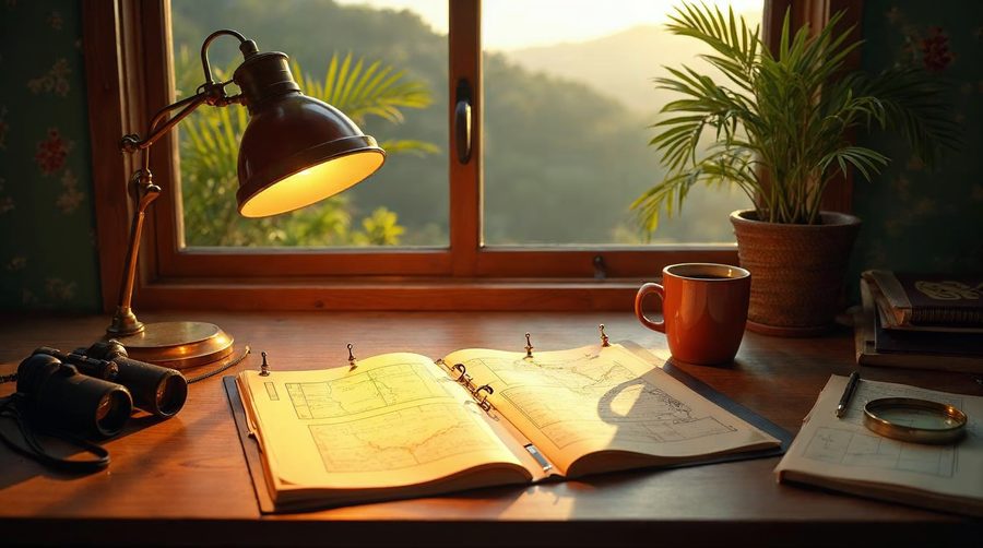 A warm detective desk by a window with a glowing brass lamp, an open binder of map sheets, binoculars, a magnifying glass, a coffee mug and a potted palm.