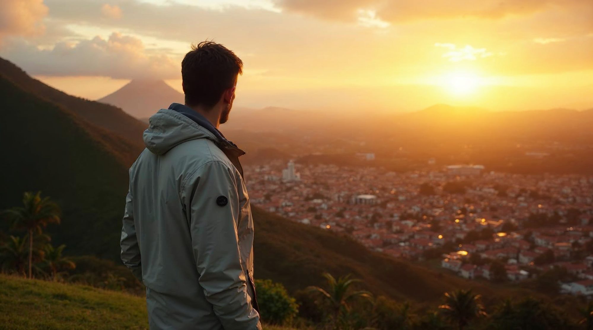 An investigator in a light jacket, seen from behind, stands on a green hillside at sunset looking over red rooftops in the San Jose valley toward a volcano.