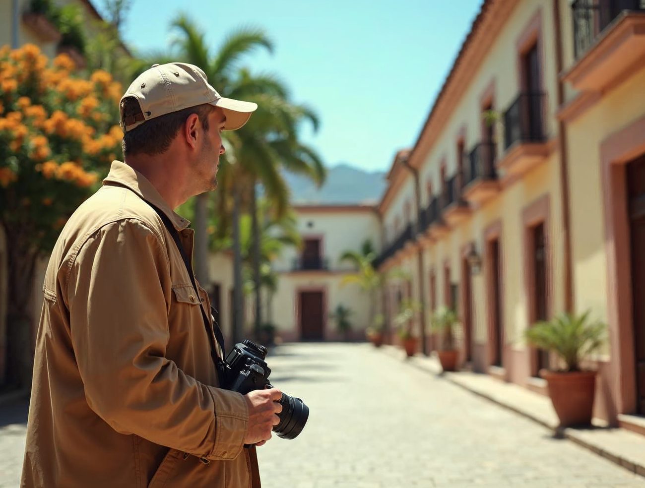 A private investigator in a tan jacket and cap, seen from the side with a camera in hand, watches a sunny cobbled street lined with cream colonial buildings and palms.
