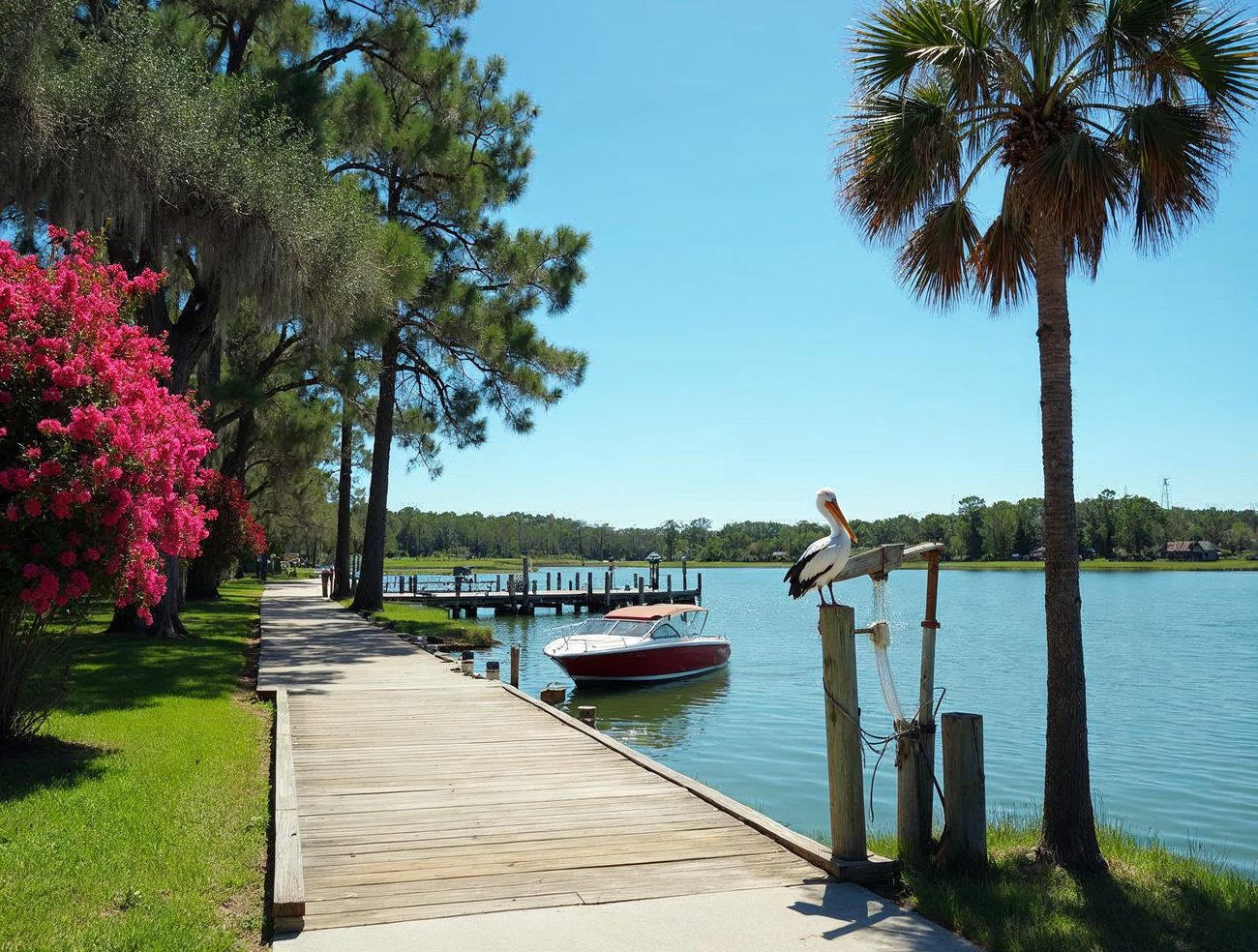 A wooden boardwalk leads past blooming pink crepe myrtle, pines and a palm tree to a calm bayou with a red boat and a pelican on a piling.