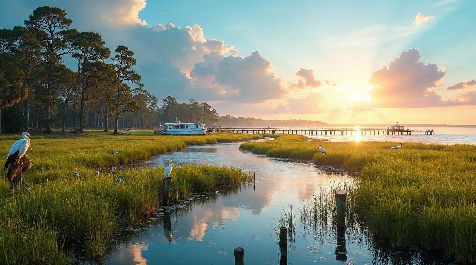 Golden marsh grass and a winding tidal bayou at sunrise, with a white boat, a long wooden pier, tall pines, egrets and a glowing sky over the water.