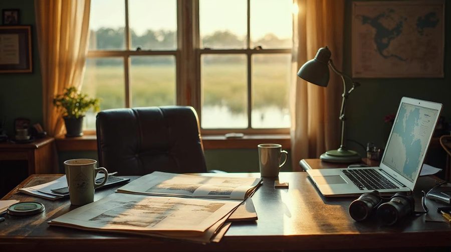 A detective's desk in warm window light holds case files with printed marsh photos, a laptop, binoculars, coffee mugs and a green lamp, with a bayou view beyond.