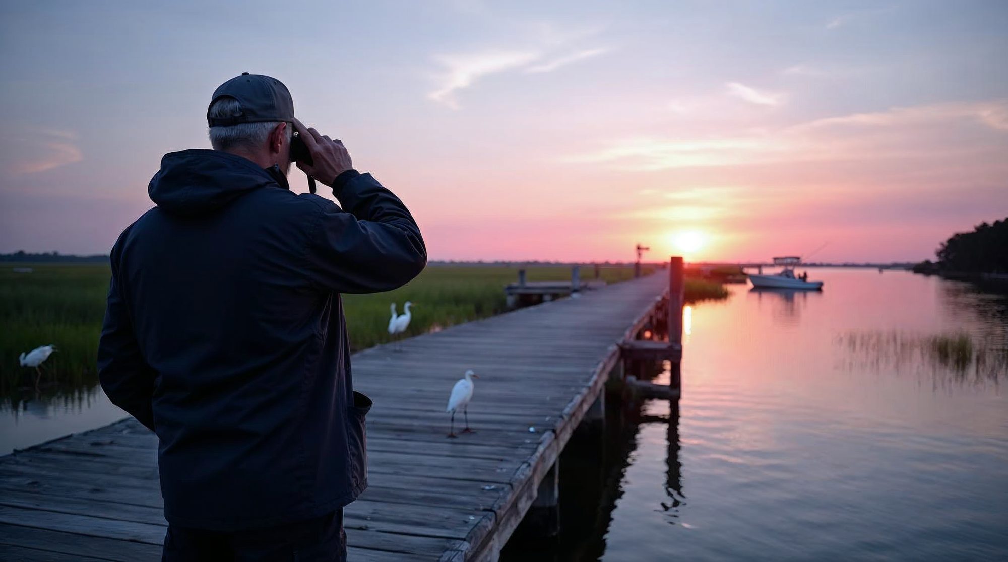 An investigator in a dark jacket and cap raises binoculars on a weathered wooden pier over a marsh bayou at a pink sunset, with egrets and a moored boat nearby.
