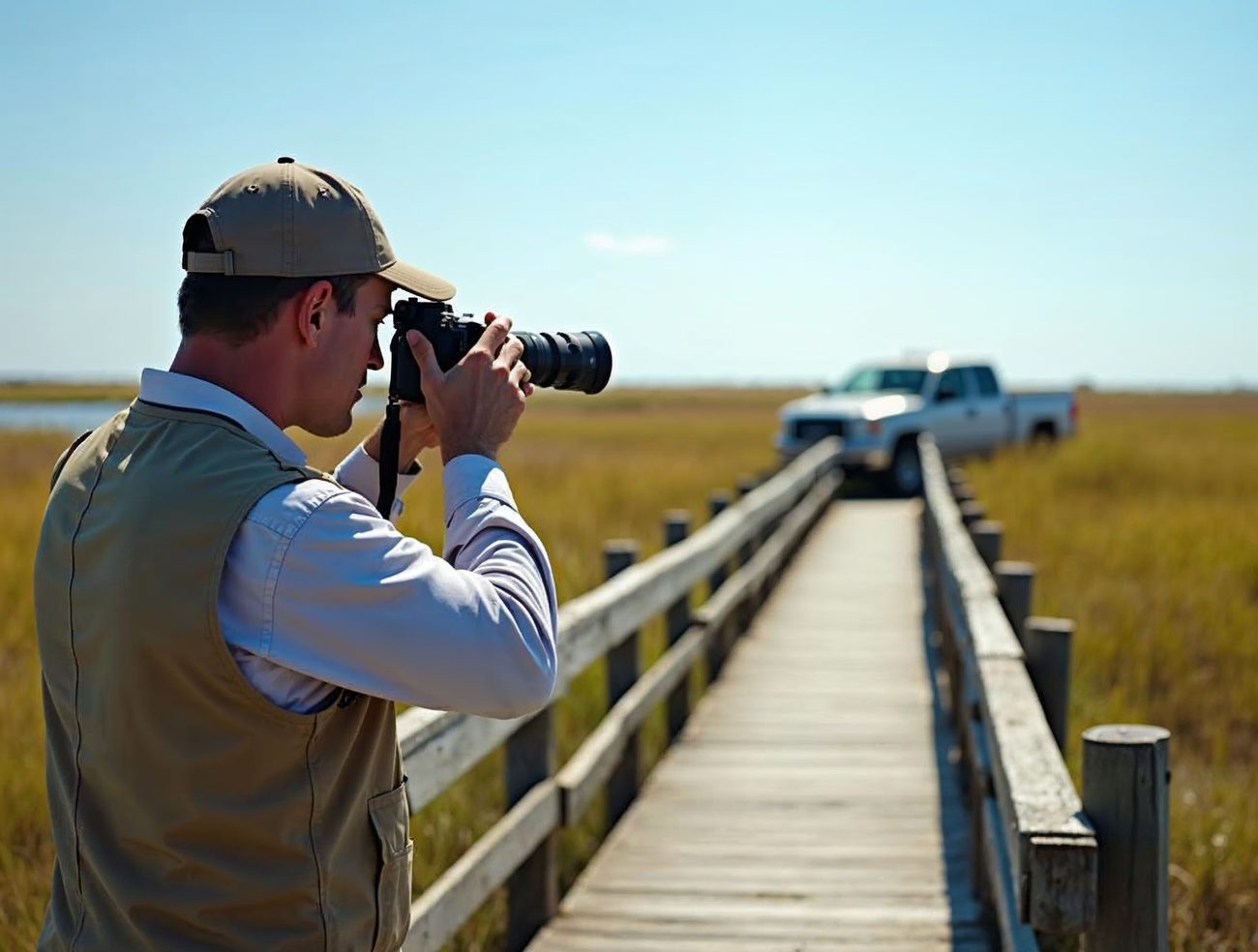 A private investigator in a tan vest and cap photographs with a long telephoto lens from a wooden marsh boardwalk, with a pickup truck beyond the golden grass.