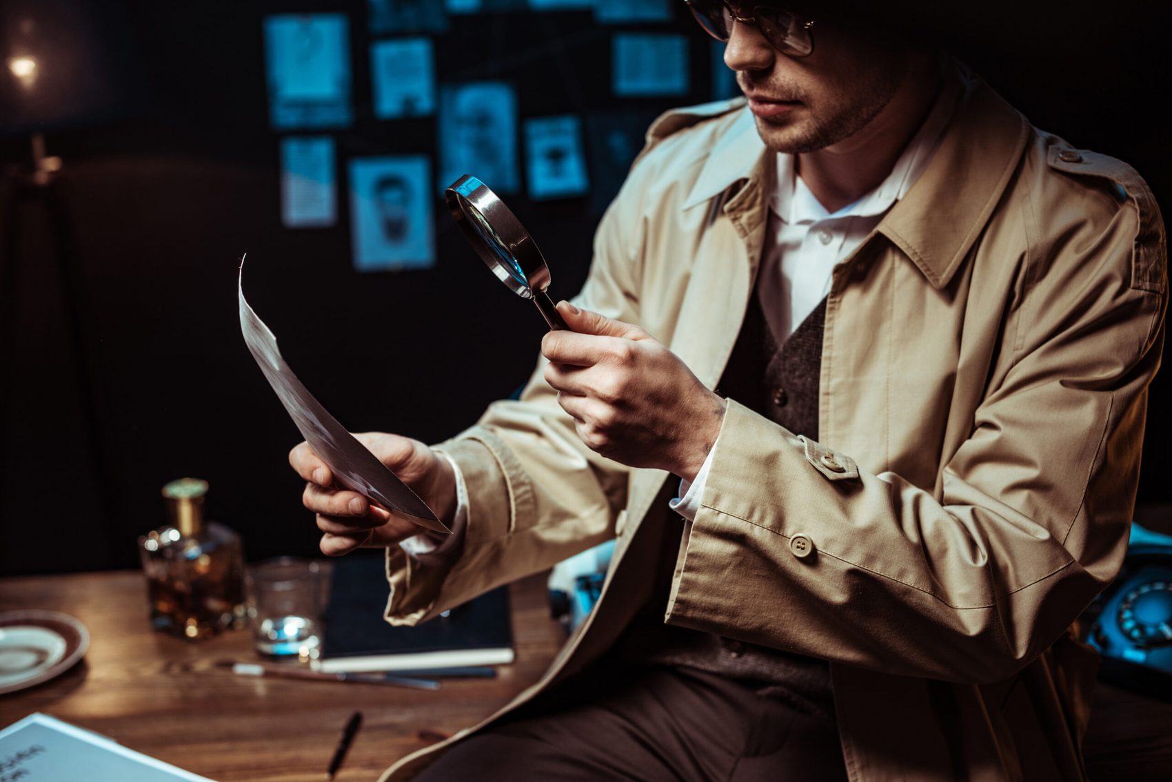 Detective in a trench coat studying a photo through a magnifying glass