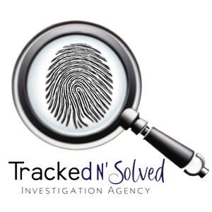 Tracked N Solved Investigation Agency logo, a magnifying glass over a fingerprint