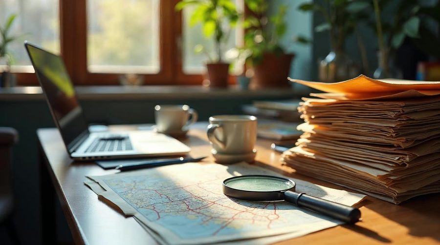 A detective's desk with a magnifying glass on a street map, a laptop, coffee cups and a tall stack of case files in warm window light.