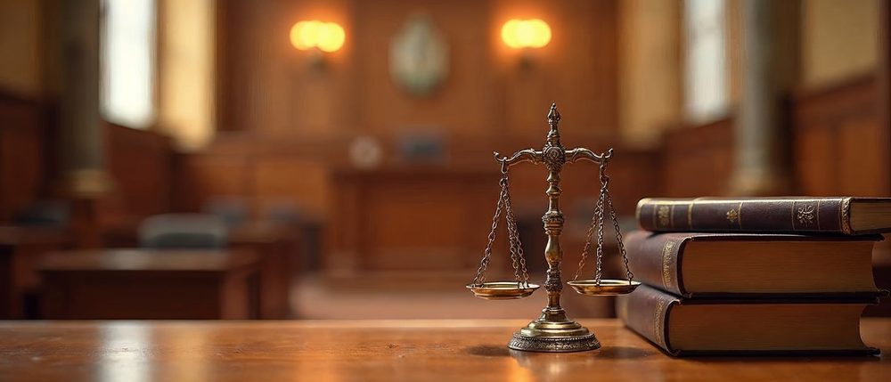 A small brass scales of justice on a polished wooden desk beside three leather-bound law books, with a blurred warm wood-paneled courtroom behind.