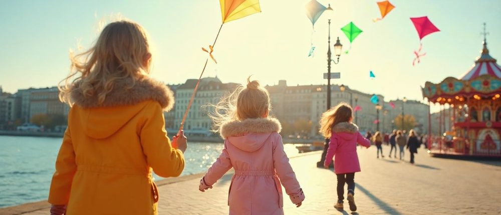 Three children in bright coats seen from behind fly colorful kites on a sunny waterfront promenade, with a carousel and city buildings in the distance.
