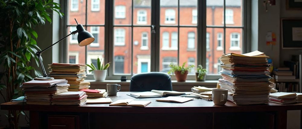 A cluttered wooden office desk piled with stacked papers and folders, a desk lamp and two mugs, in front of a large window looking onto red brick buildings.
