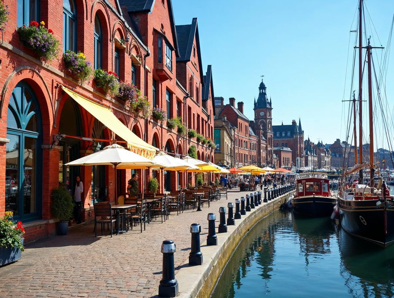 Sunny Liverpool dockside with restored red brick warehouses, flower baskets, cafe tables under yellow umbrellas, a cobbled quay, moored sailing boats and a clock tower in the distance.