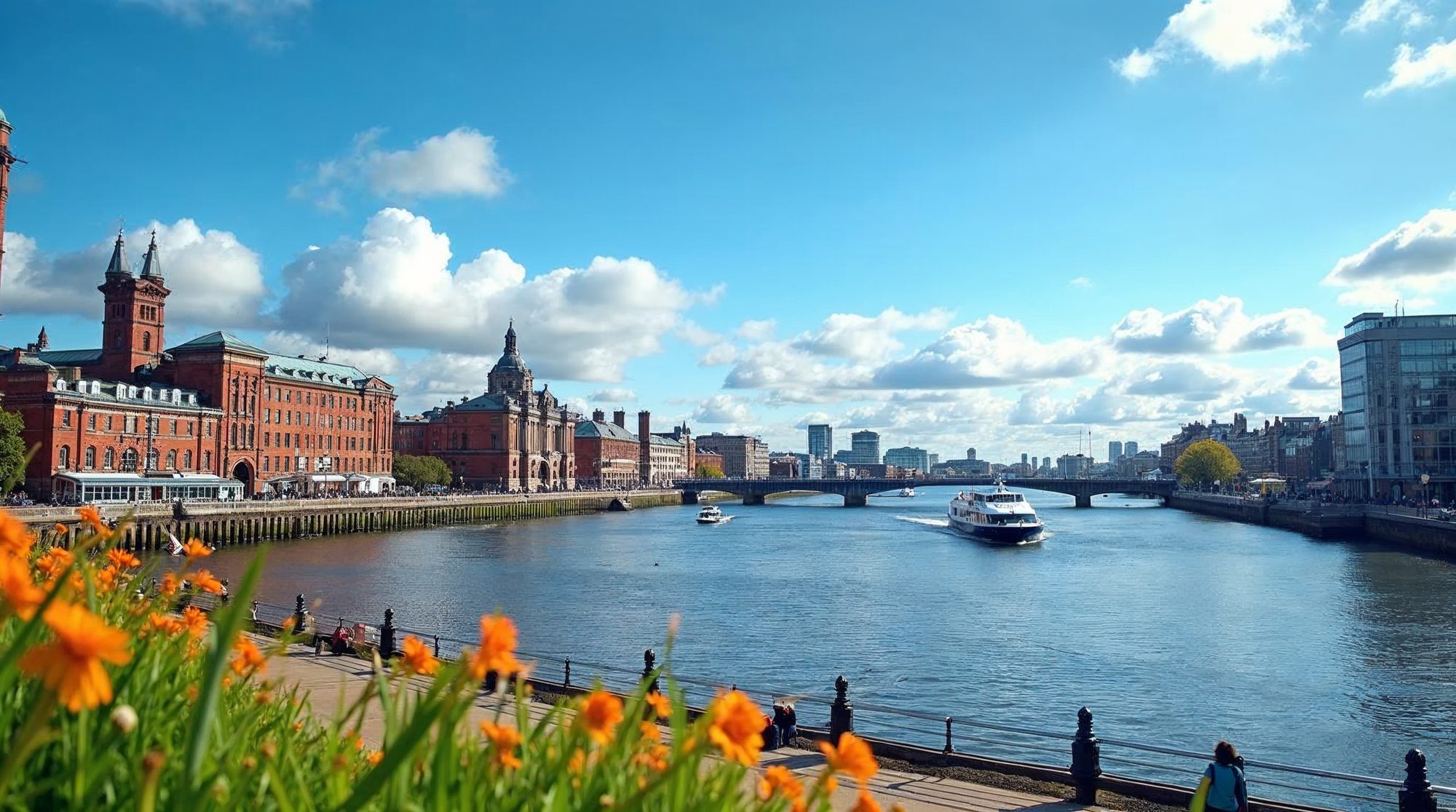 Bright daytime view of the River Mersey in Liverpool with a ferry, red brick waterfront buildings with towers, a bridge, modern buildings and orange flowers along the promenade.
