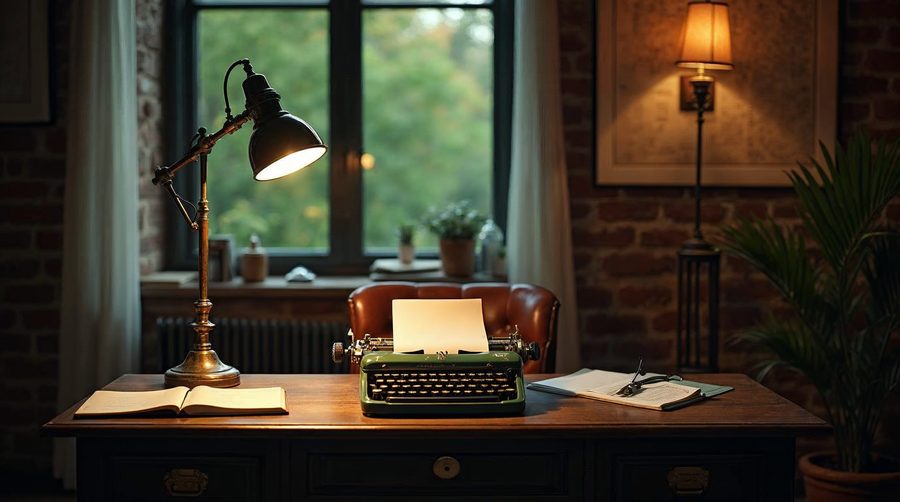 A dark wooden desk by a window at dusk with a lit brass lamp, a green vintage typewriter with a blank sheet and an open notebook.