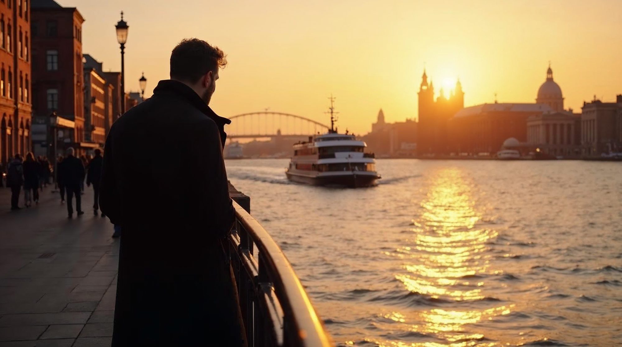A man in a dark coat seen from behind stands at a railing on the Liverpool waterfront at sunset, watching a ferry on the River Mersey.