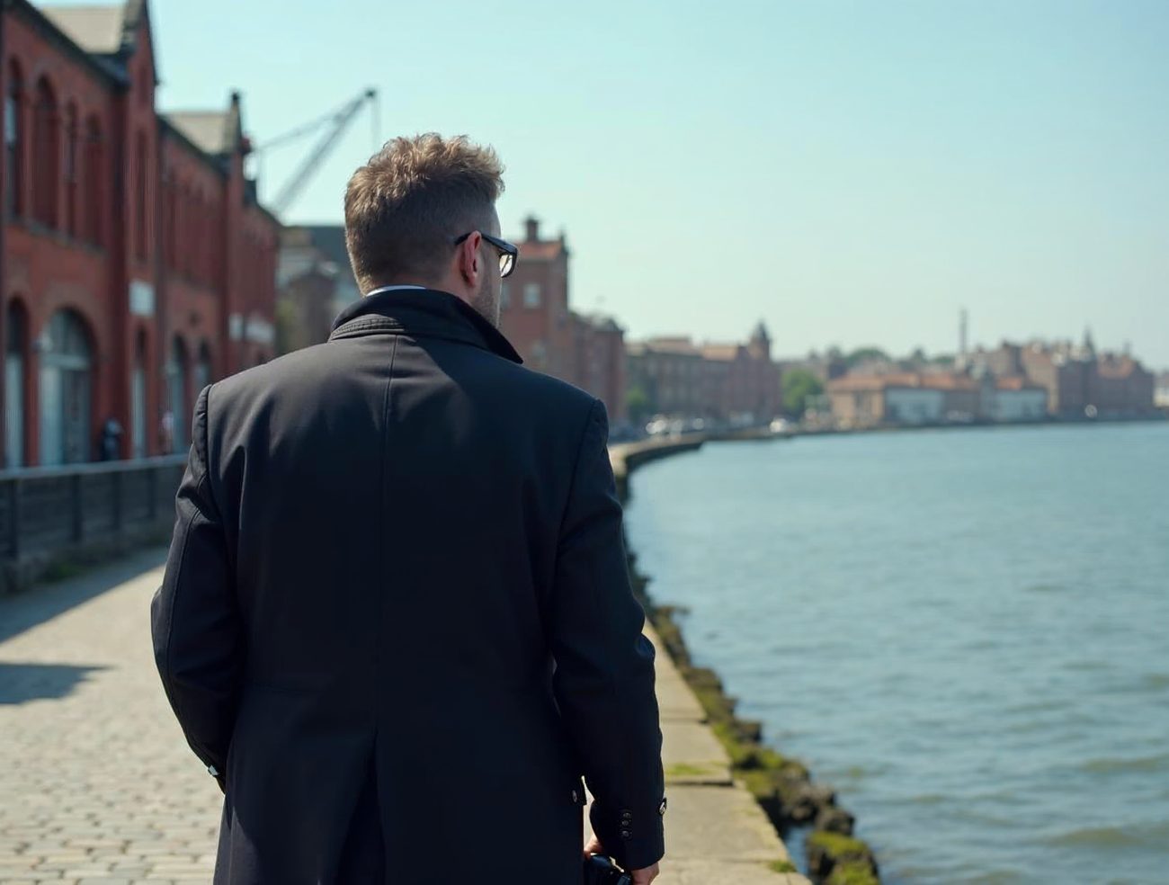 A private investigator in a dark coat and glasses, seen from behind, walks a cobbled Liverpool dockside beside red brick warehouses and calm water.