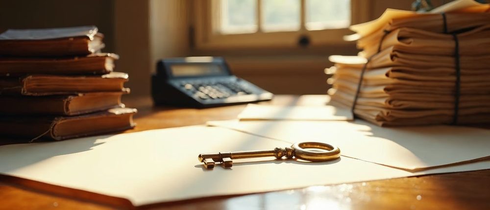 A brass safe-deposit key lies on blank papers on a sunlit wooden table, beside a stack of old leather ledger books, a desk calculator and tied bundles of documents.