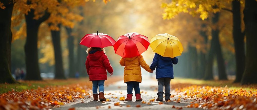 Three children in red, yellow and blue coats hold hands and walk away under red and yellow umbrellas along a London park path covered in golden autumn leaves.