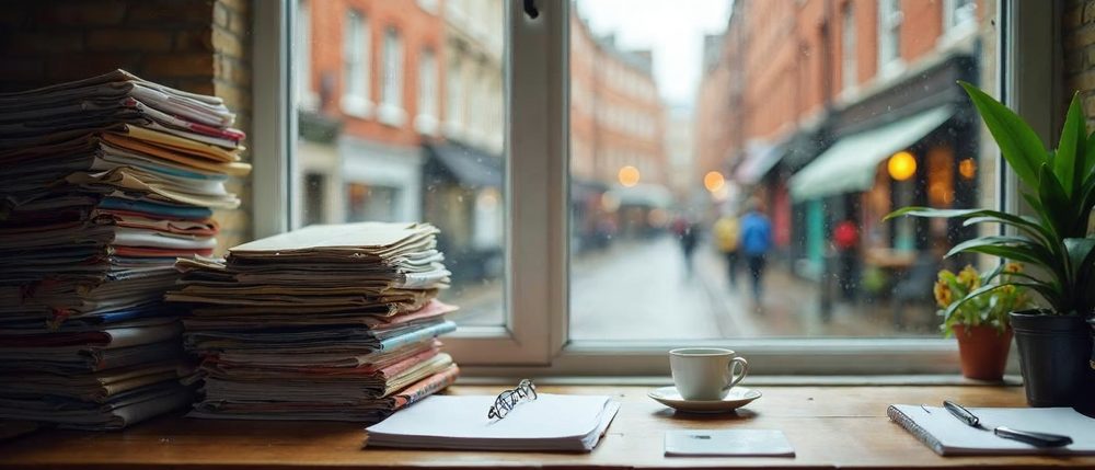 A disorganised desk with tall leaning stacks of papers and folders, reading glasses, a white tea cup and a green plant beside a rain-speckled window overlooking a London street.