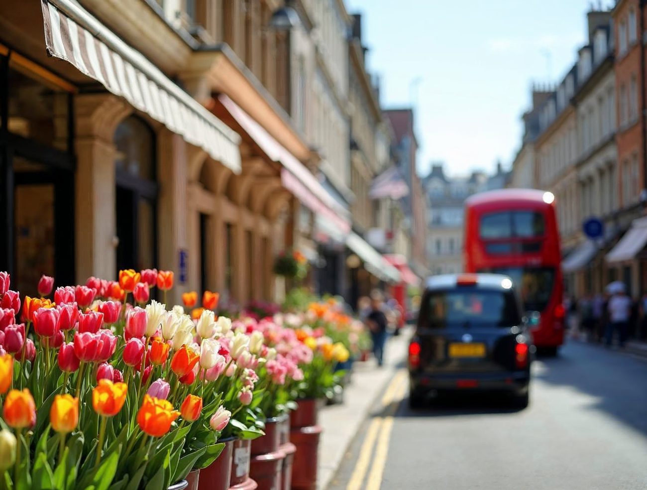 A sunny London street lined with buckets of colorful tulips and striped awnings, with historic buildings, a black taxi and a red double-decker bus in the distance.