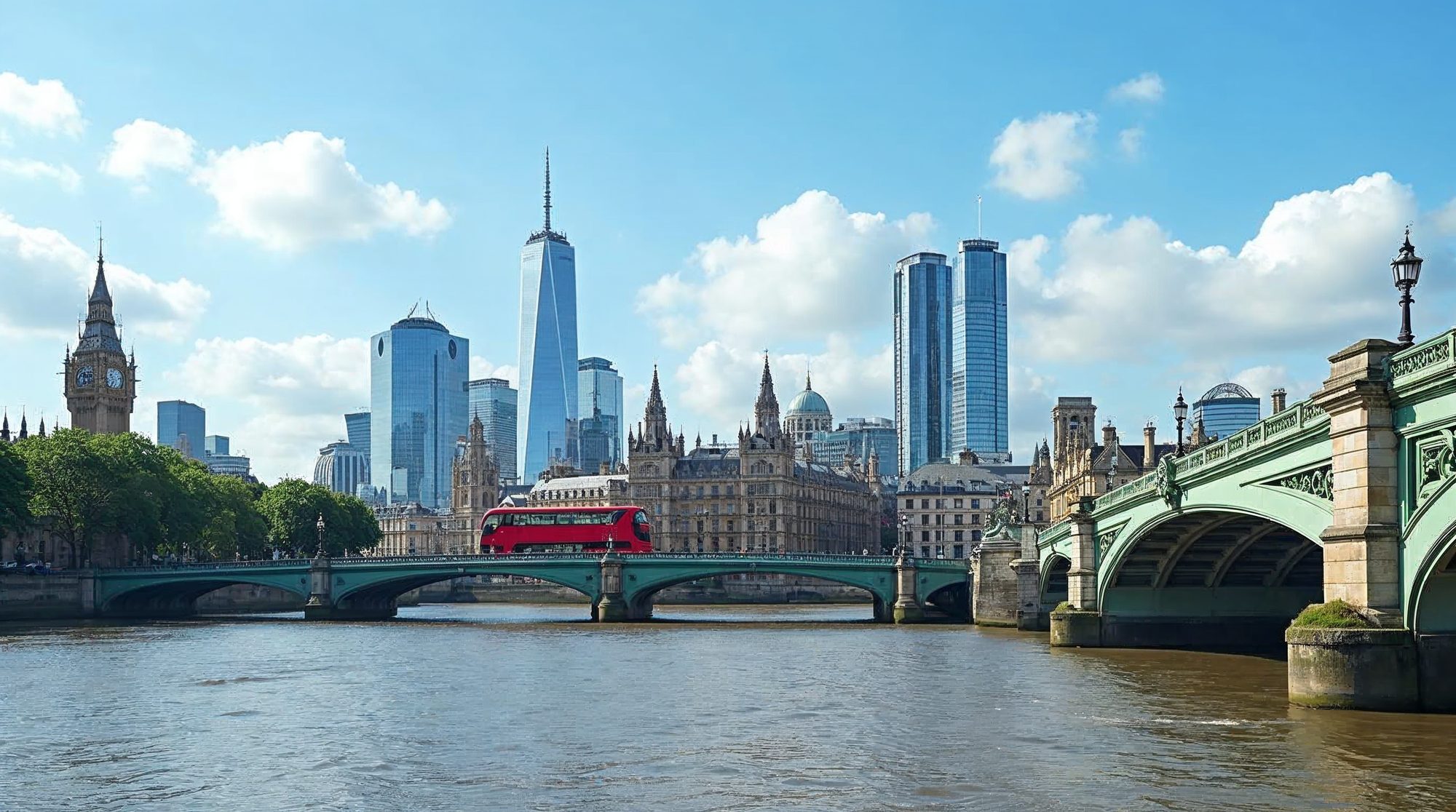 A bright view of the River Thames in London with a green stone bridge, a red double-decker bus, a clock tower, historic buildings and glass towers under a blue sky.