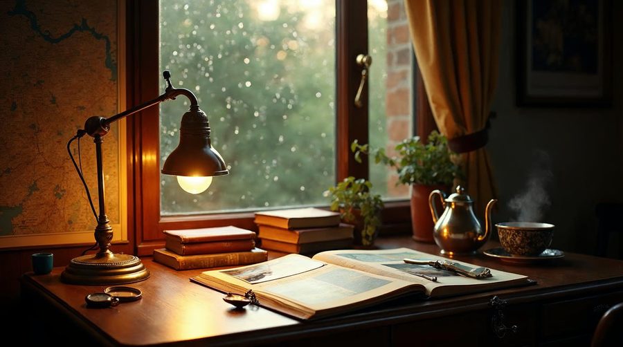 A warm lamp-lit investigator's desk by a rain-speckled window with an open photo album, a brass teapot, a steaming cup, a magnifying glass, old books and a wall map.