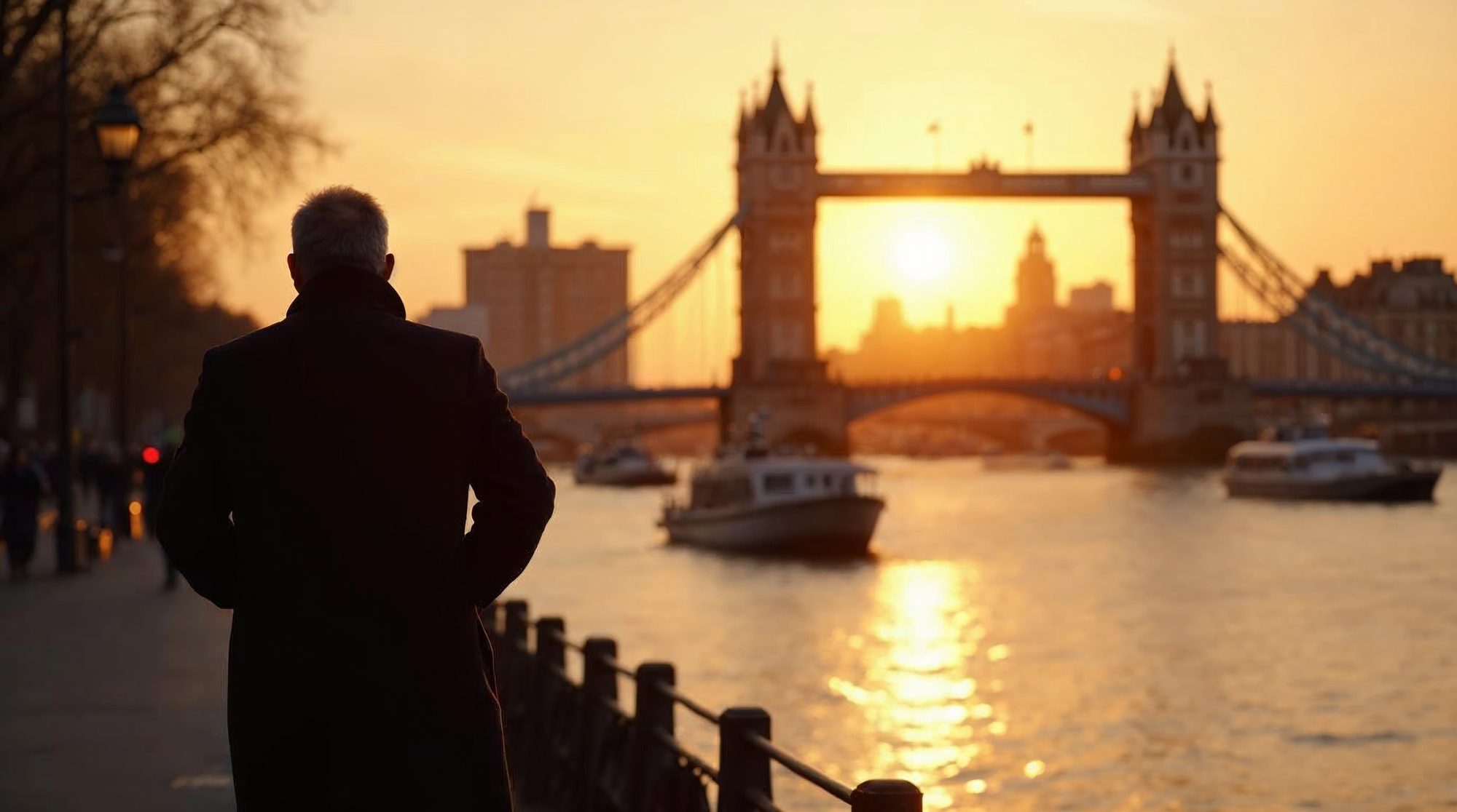 An investigator in a dark coat, seen from behind, stands on a Thames riverside walk at golden hour, looking toward Tower Bridge and a boat on the glowing river.