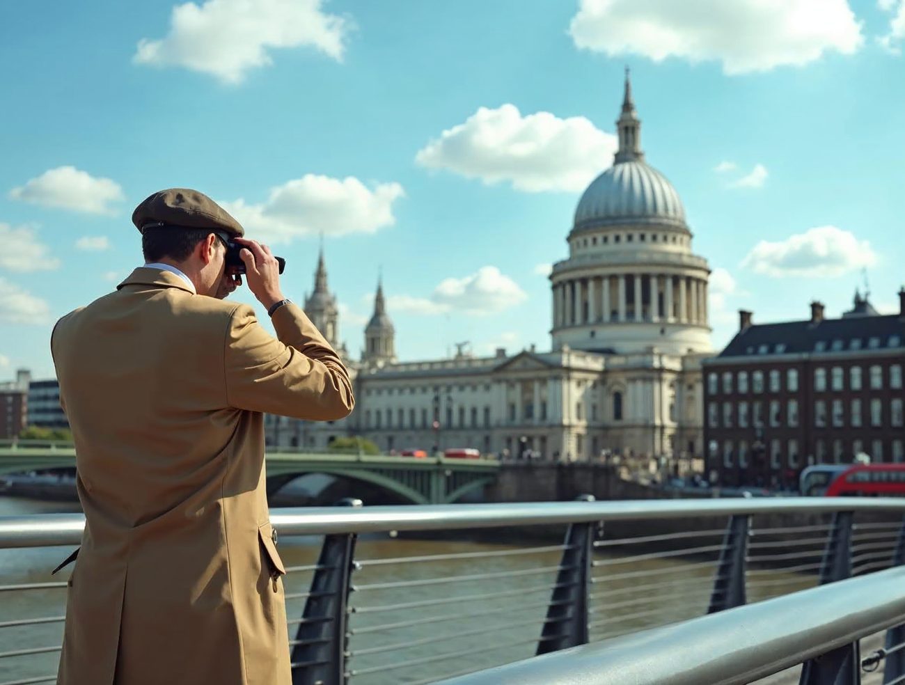 A private investigator in a tan trench coat and flat cap, seen from behind, holds binoculars on a bridge railing and looks across the Thames toward St Paul's Cathedral.