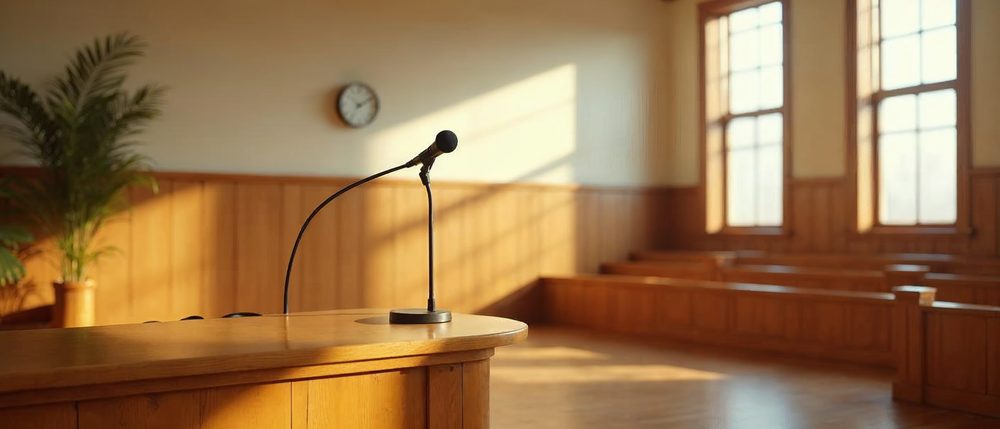 Empty courtroom witness stand with a black microphone on a flexible neck, a polished wooden rail and tall sunlit windows throwing warm light and palm shadows across the floor.