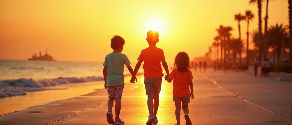 Three children seen from behind walk hand in hand along a seaside promenade toward a glowing orange sunset over the bay, with palm trees and distant walkers.