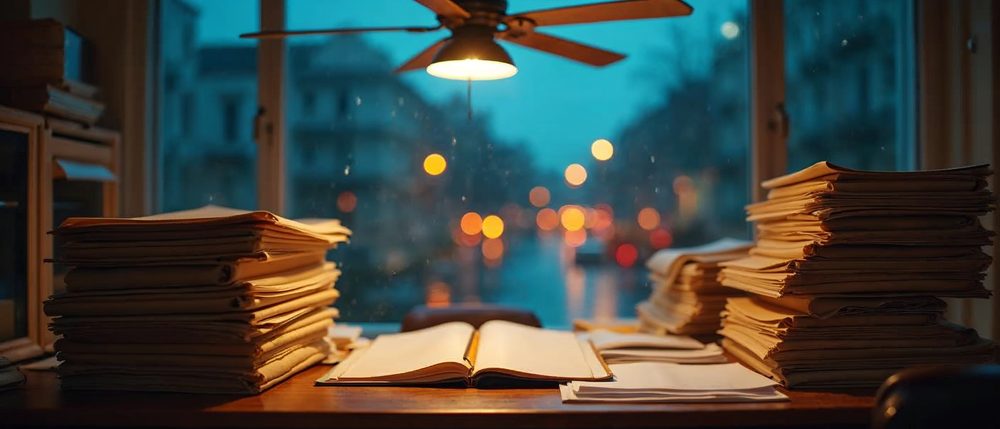 Cluttered office desk with tall leaning stacks of blank folders and papers, an open notebook and a ceiling fan above, with rain on the window and warm city lights at dusk.