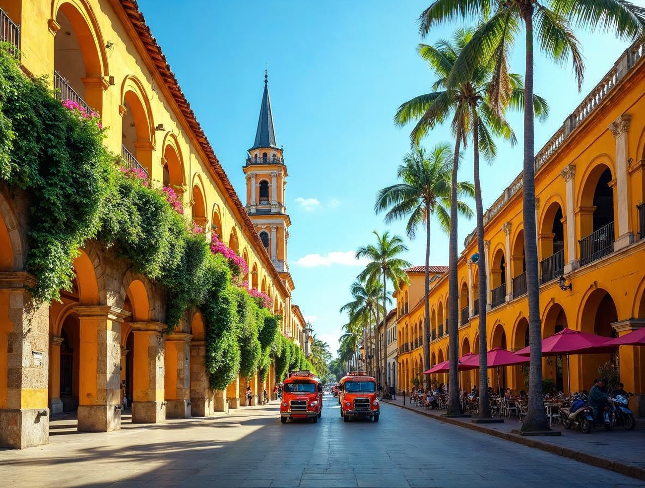 A sunlit historic Manila street lined with golden arched stone buildings covered in green vines and pink flowers, tall palm trees and two bright orange jeepneys in the distance.