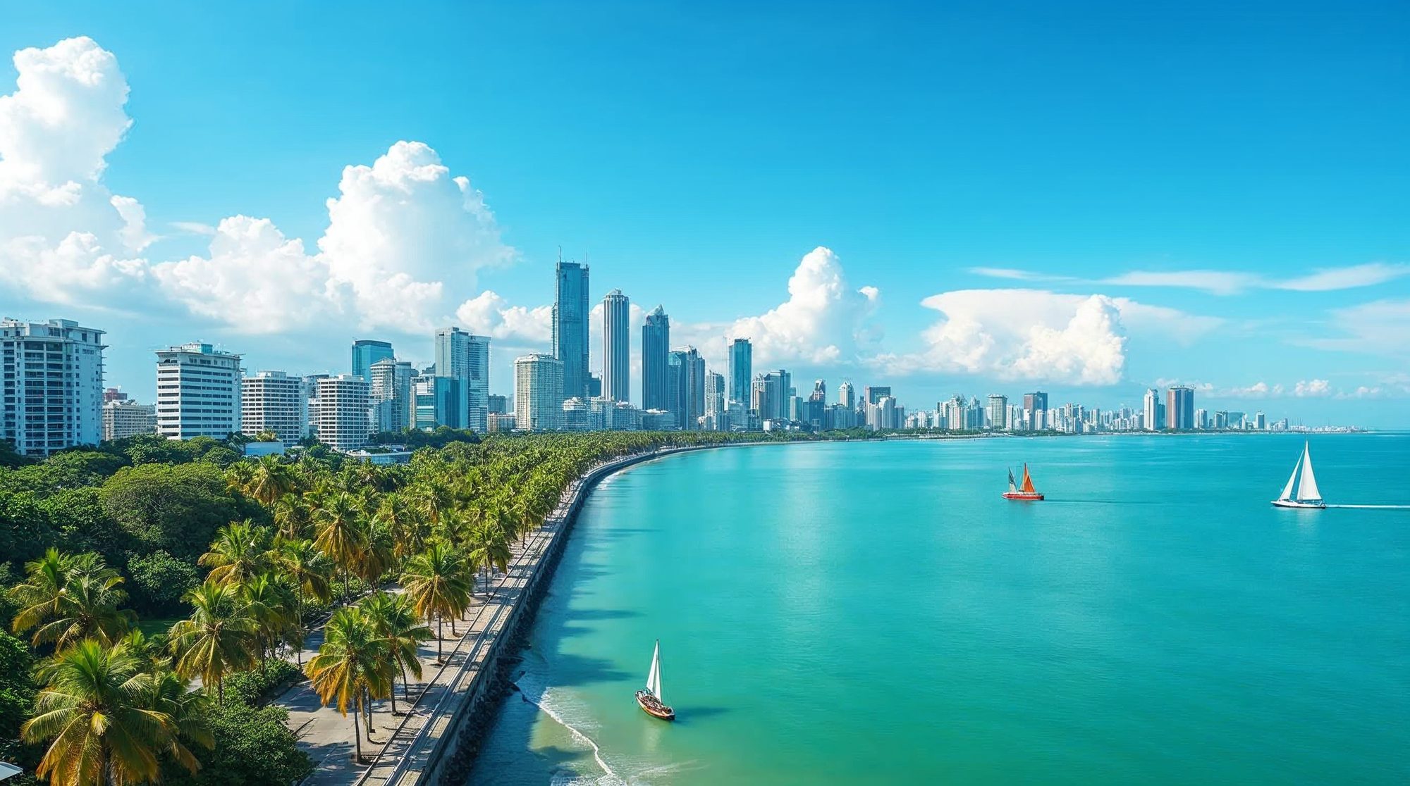 Wide daytime view of the Manila skyline above a palm-lined bayside boulevard and turquoise water with sailboats under a bright blue sky with white clouds.