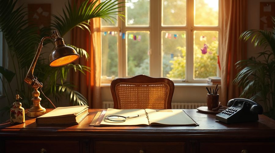 A detective's wooden desk in warm golden window light with an amber brass lamp, an open case file with a magnifying glass, a rotary telephone and a rattan chair.