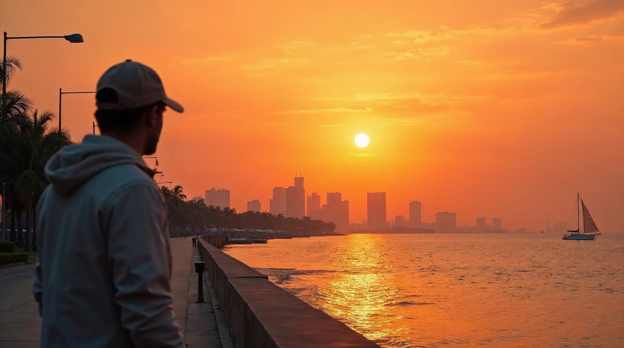 An investigator in a light jacket and cap stands on the Manila Bay promenade, looking toward sailboats, palm trees and a hazy skyline under an orange sunset.