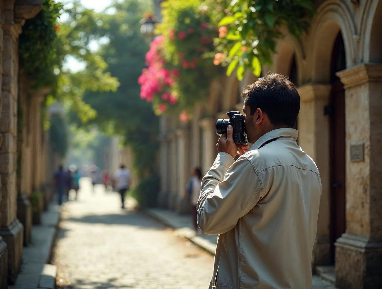 A private investigator in a light jacket, seen from the side, photographs a quiet cobbled Manila street between old stone walls and arches draped with pink bougainvillea.