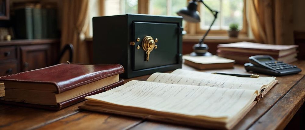 A small dark safe with a brass key stands on a wooden table beside leather ledger books, stacks of documents, a lamp and a desk calculator in warm window light.