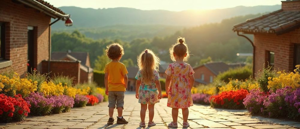 Three young children in bright clothes, seen from behind, stand on a stone plaza between red, yellow and purple flower beds, looking toward green hills and red-brick houses at sunset.
