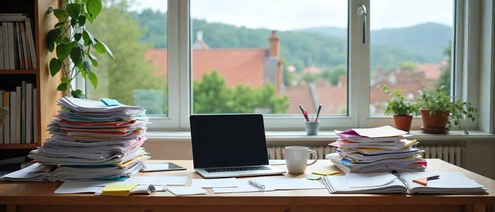 A cluttered wooden desk with tall stacks of papers and folders, an open laptop and a white coffee cup, in front of a window onto red roofs and green hills.